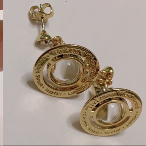 18k gold Plated crystal signature Saturn Orb drop earrings - Picture 2 of 8